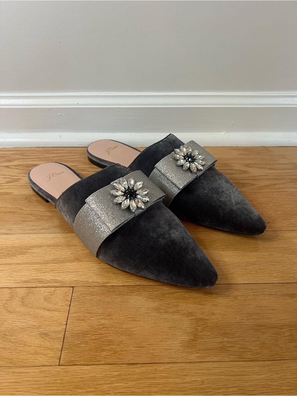 NWOT J.Crew Marina Velvet Jeweled Bow Mule Slides in Grey
